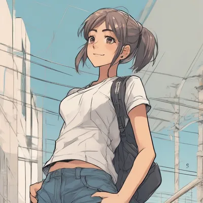 Anime-style illustration of a young woman with a ponytail, wearing a white t-shirt and jeans, with a backpack.