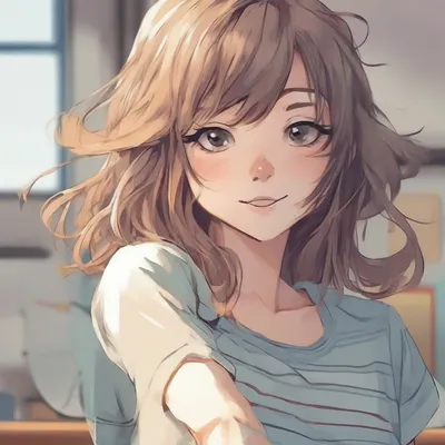 Anime-style illustration of a smiling teenage girl with flowing brown hair, wearing a striped shirt.