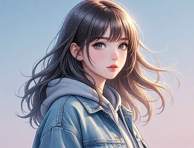 Anime-style portrait of a young woman in a denim jacket, looking at the viewer.