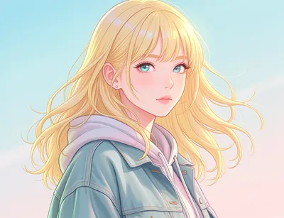 Anime-style portrait of a young woman with blonde hair, blue eyes, and casual clothing.