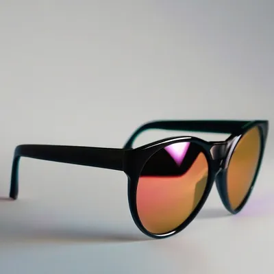 Close-up shot of black sunglasses with mirrored orange lenses.