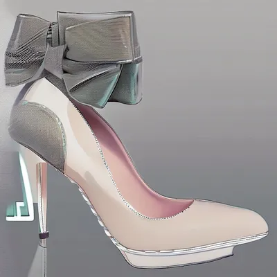A high-heeled pump with a large bow on a reflective surface.