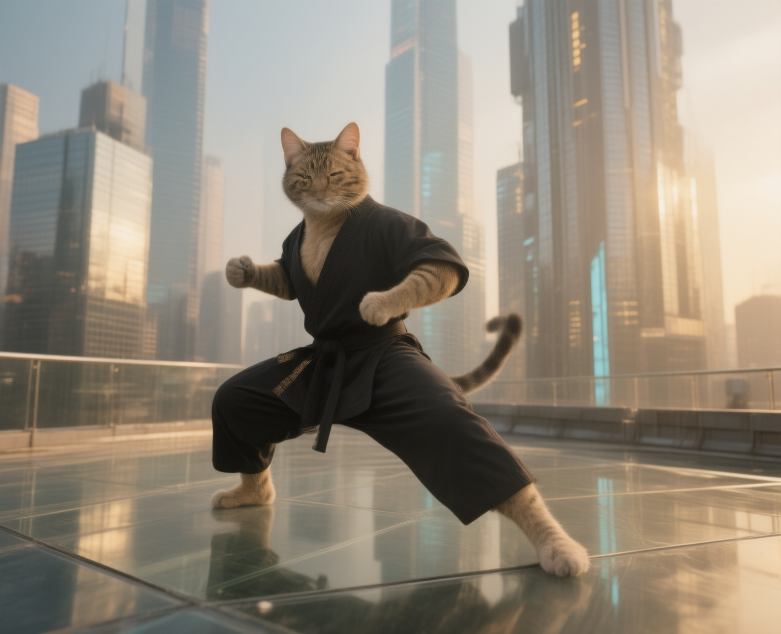 A cat in a karate gi performs a martial arts stance on a rooftop with a city skyline in the background.