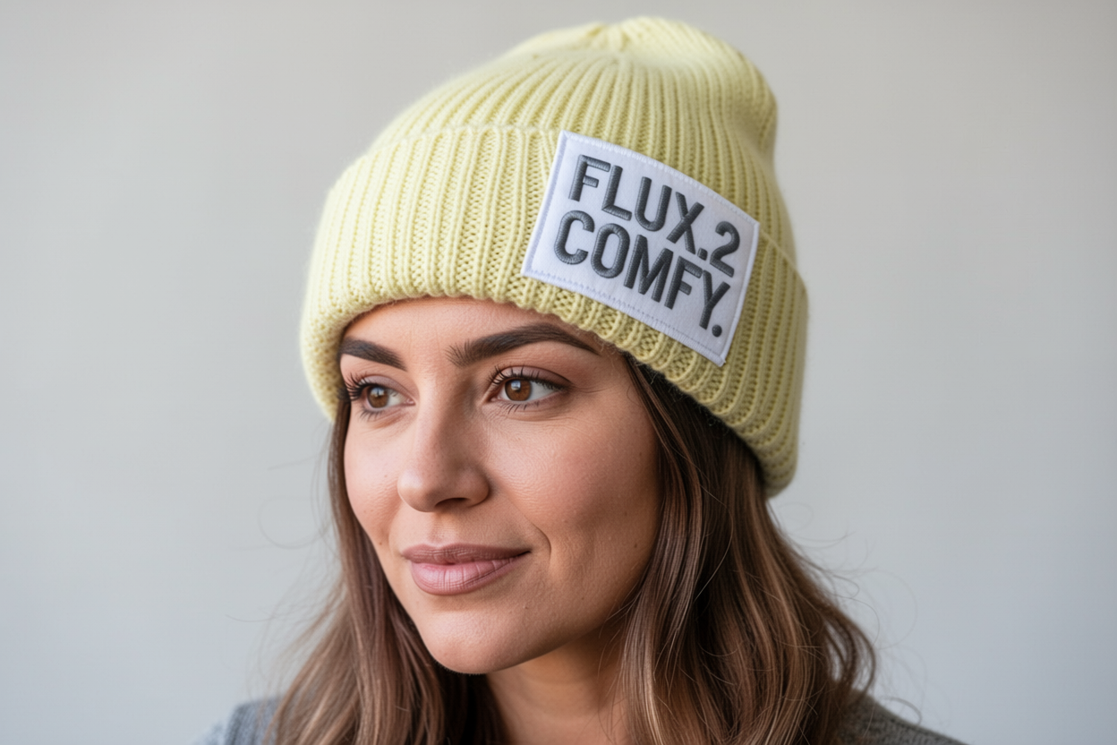 A woman wearing a light yellow beanie with the text "FLUX.2 COMFY" on it.