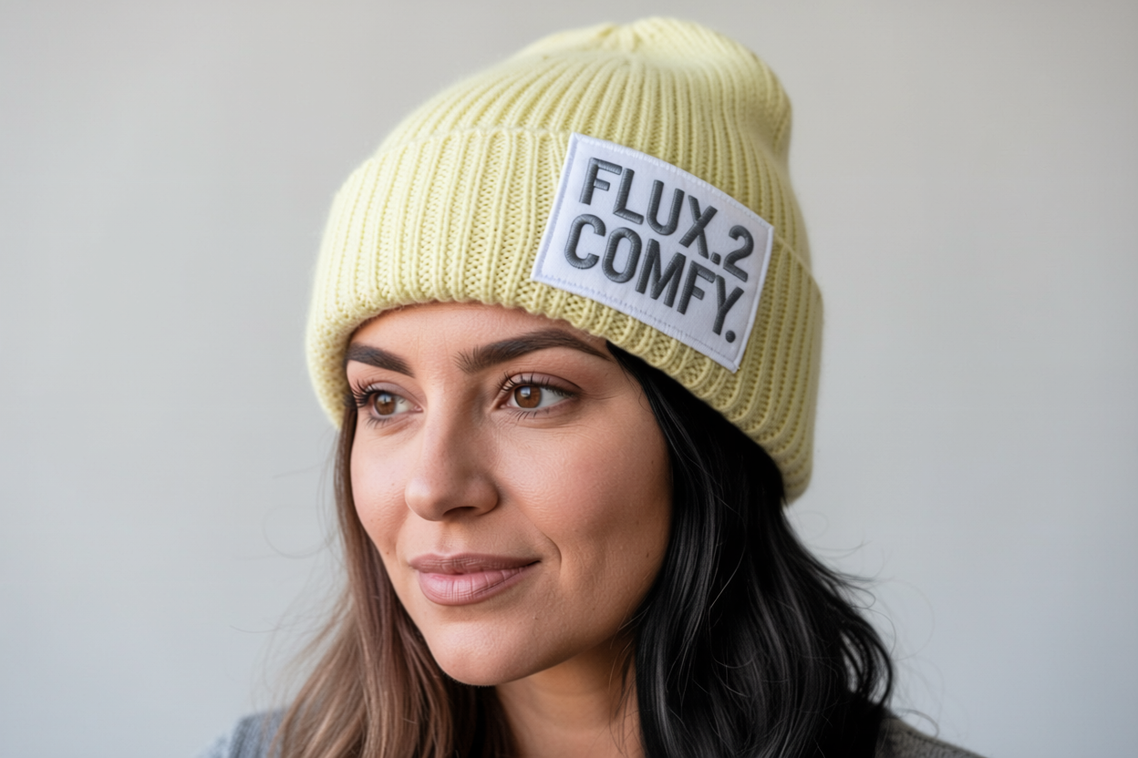 A woman wearing a pale yellow beanie with a patch that says "FLUX.2 COMFY".