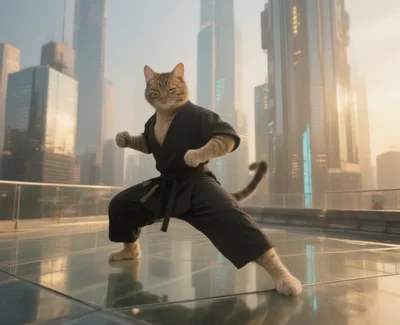 A cat in a karate gi performs a martial arts stance on a rooftop with a city skyline in the background.