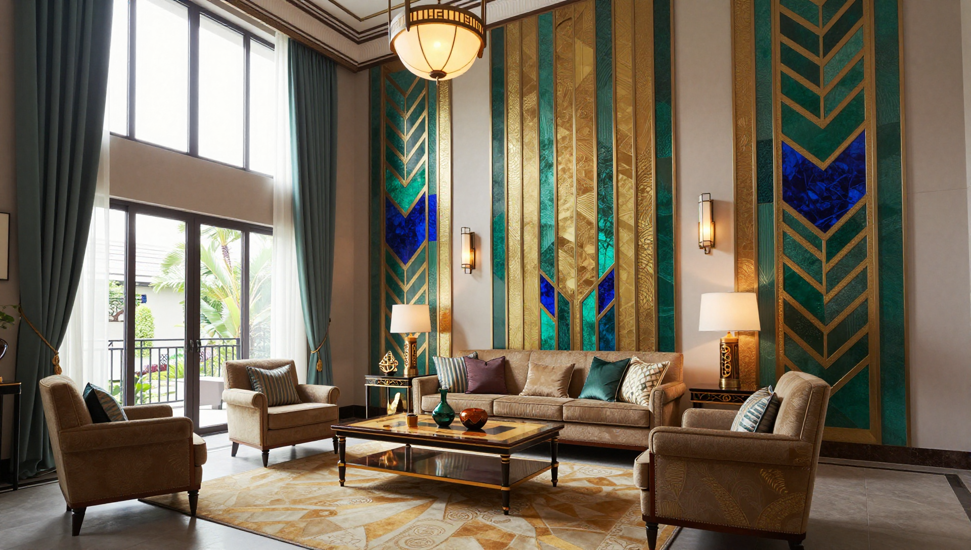A luxurious Art Deco living room with high ceilings, large windows, and elegant furniture.