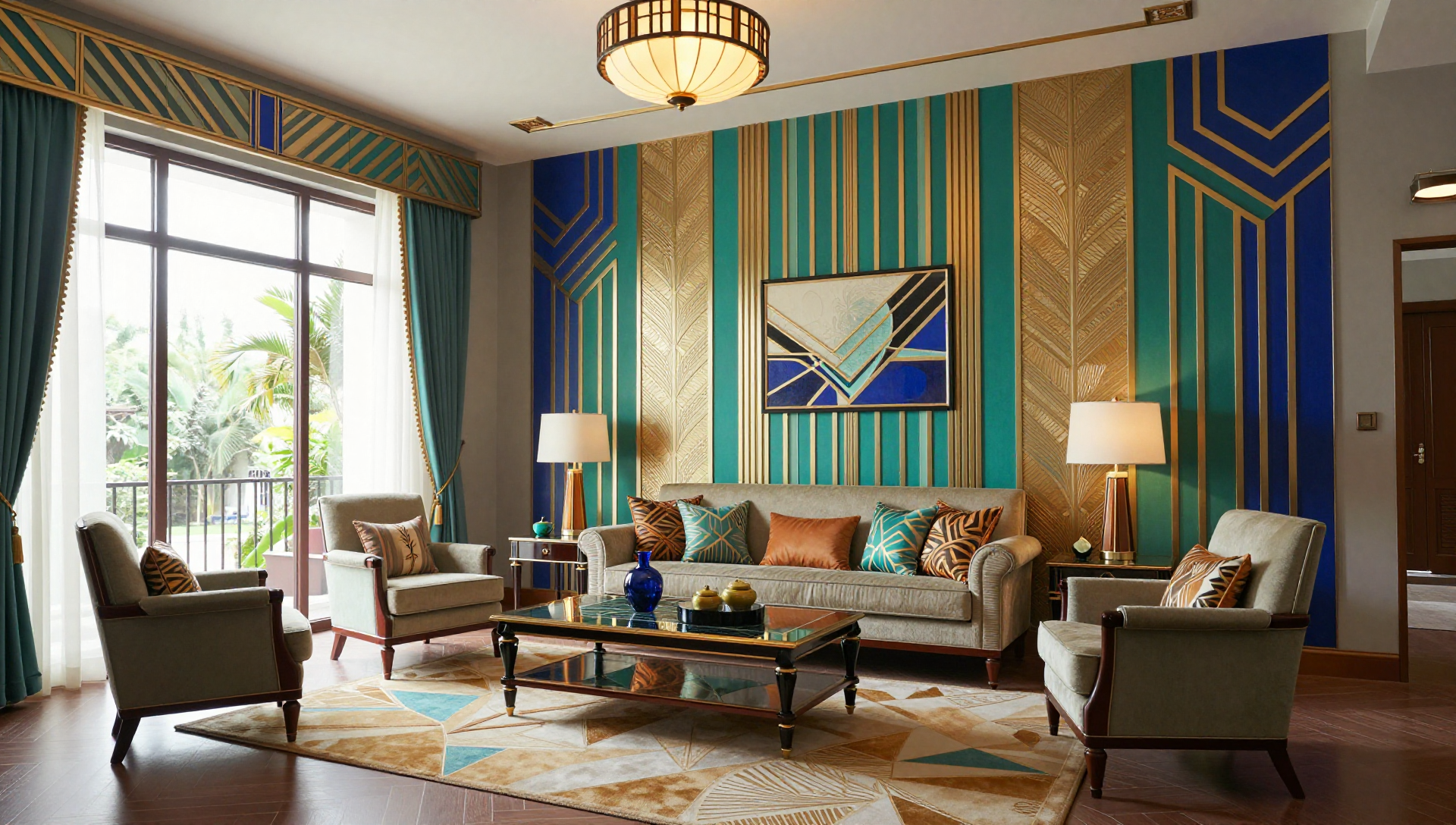 A luxurious living room with Art Deco design, featuring a sofa, armchairs, and a coffee table. The walls are adorned with geometric patterns and jewel-toned colors.