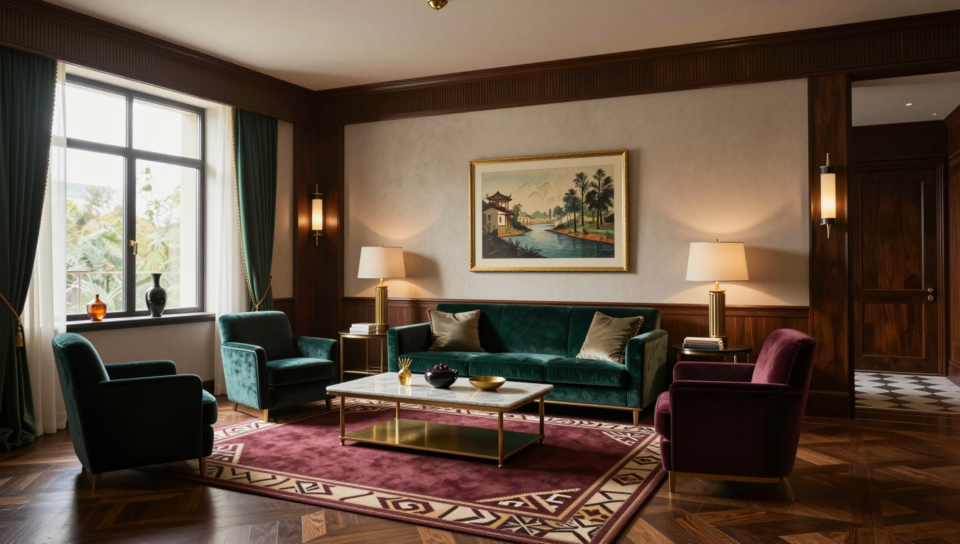 A luxurious living room with velvet furniture, a patterned rug, and a framed painting. The room is lit by lamps and natural light from a large window.
