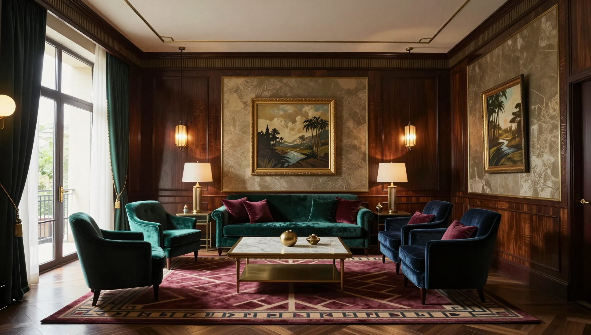 A luxurious living room with dark wood paneling, velvet furniture, and a large window. The room is decorated in an Art Deco style with a symmetrical layout and warm lighting.