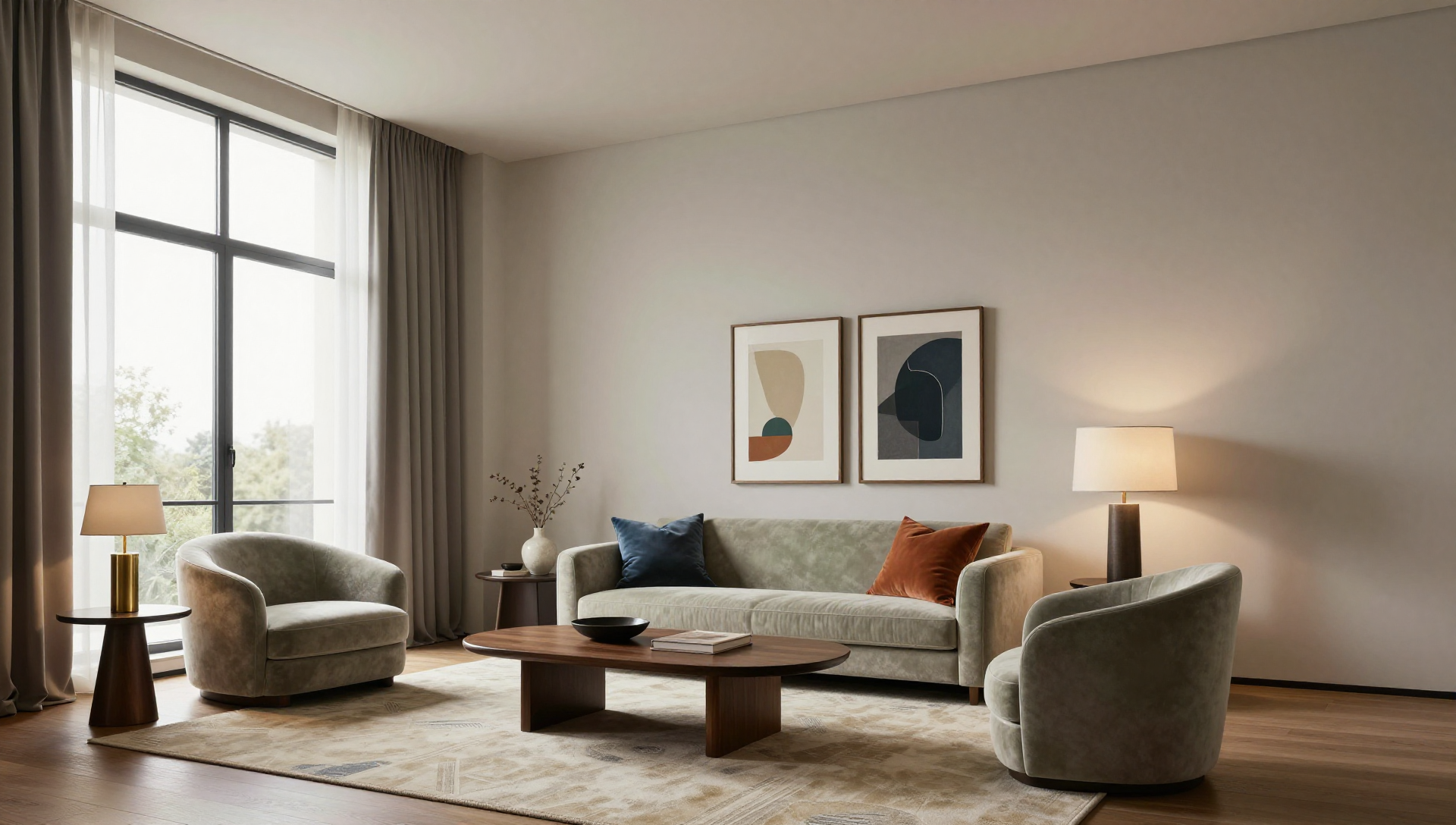 A modern living room with a sofa, armchairs, and a coffee table, bathed in natural light from a large window.
