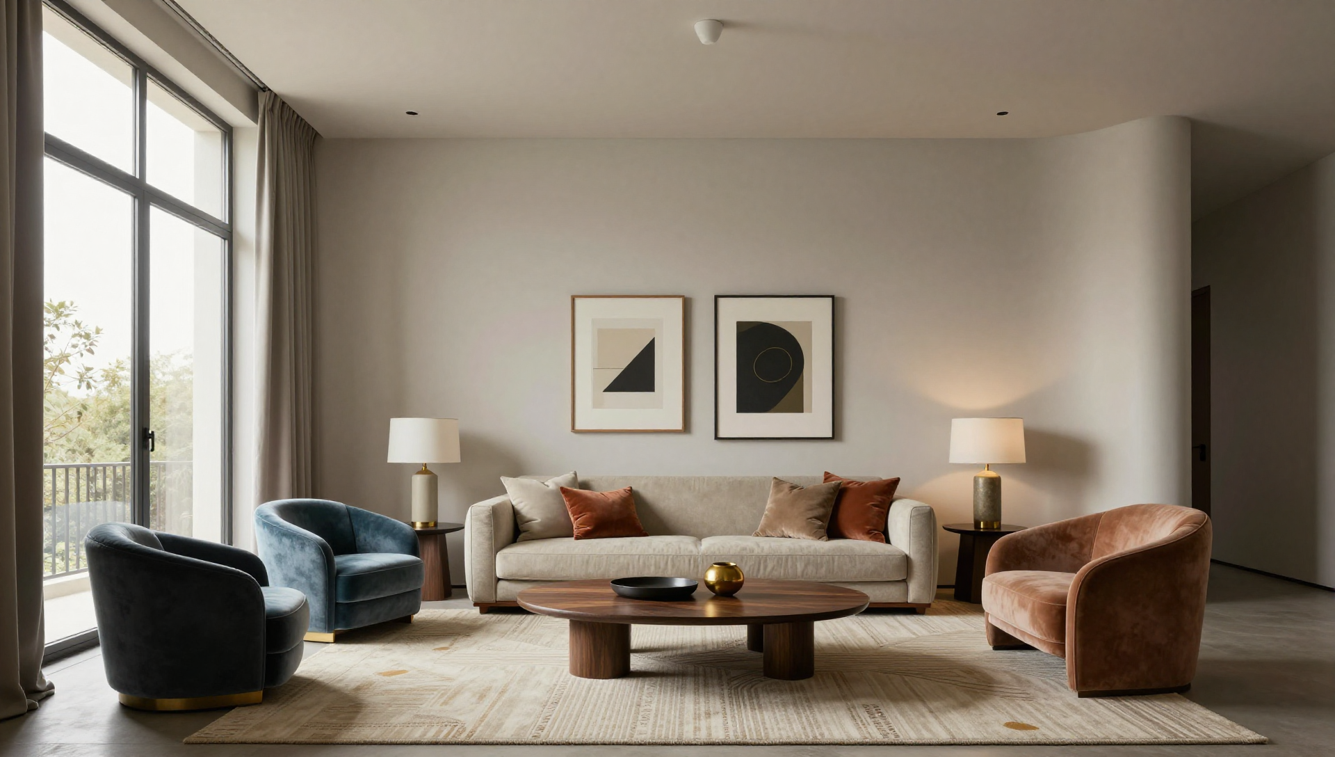 A modern living room with a sofa, armchairs, coffee table, and artwork. Large windows provide natural light.