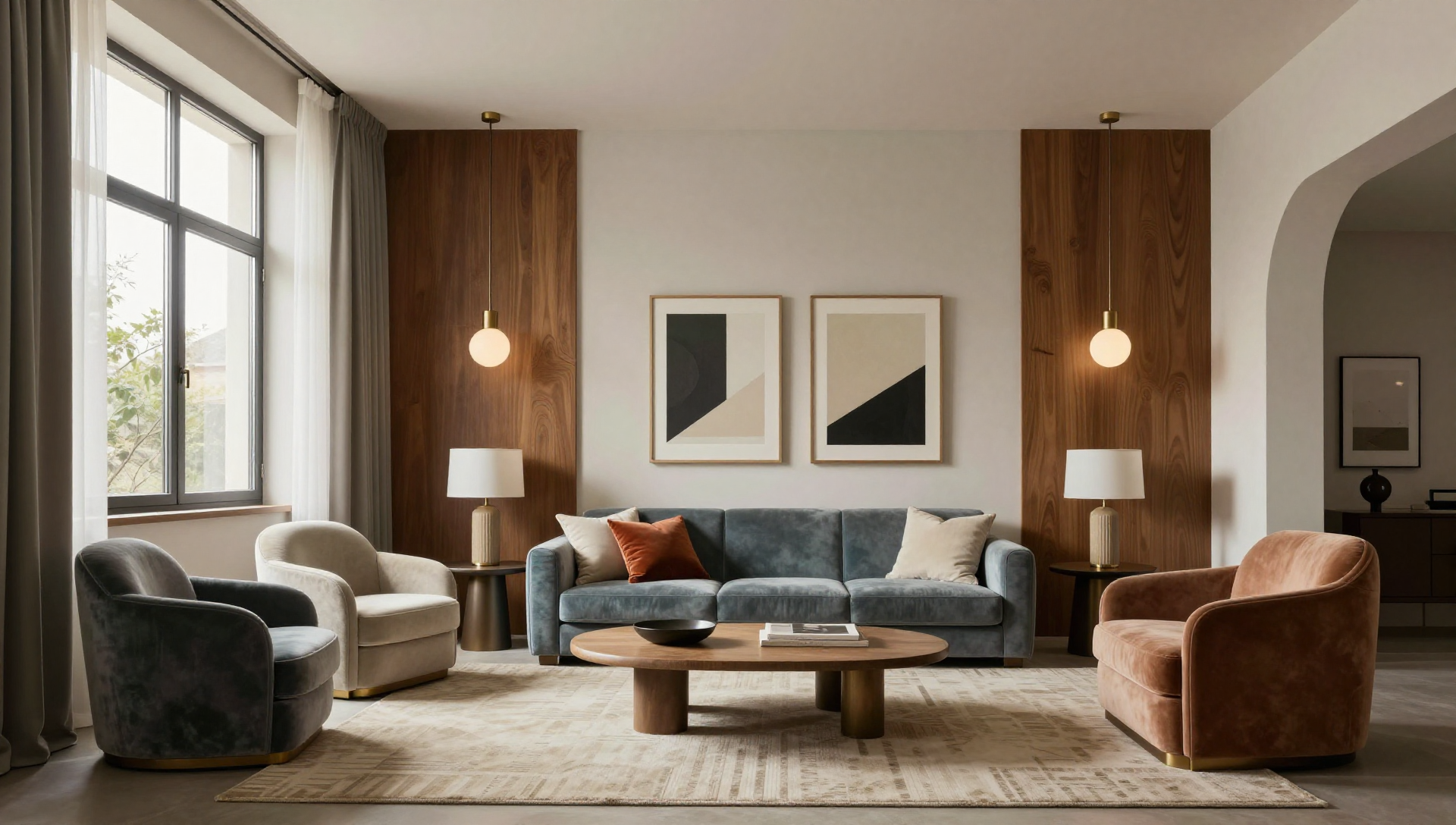 A modern living room with a blue velvet sofa, two armchairs, a wooden coffee table, and framed artwork.