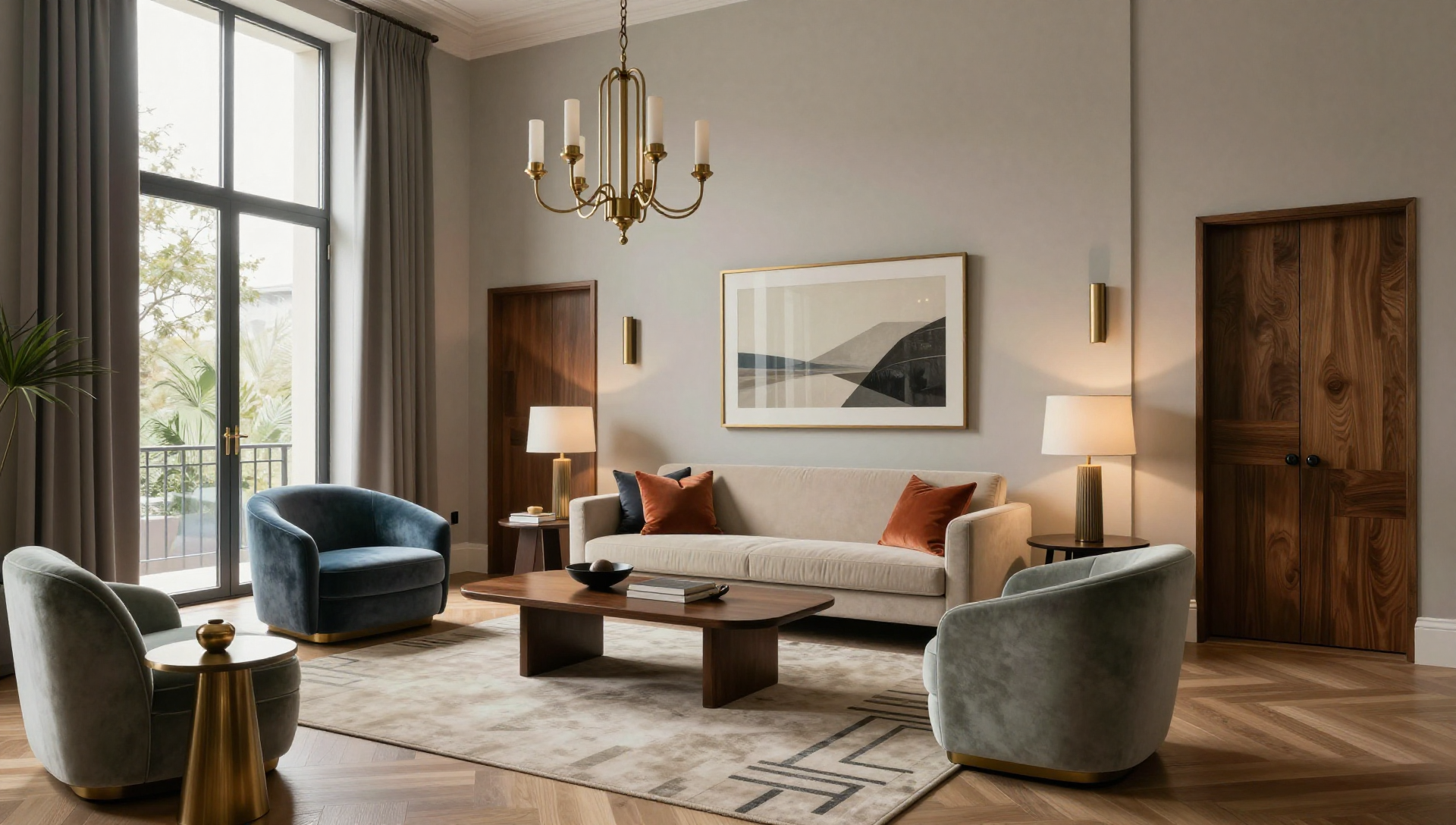 A luxurious living room with a sofa, armchairs, and a coffee table, bathed in natural light.