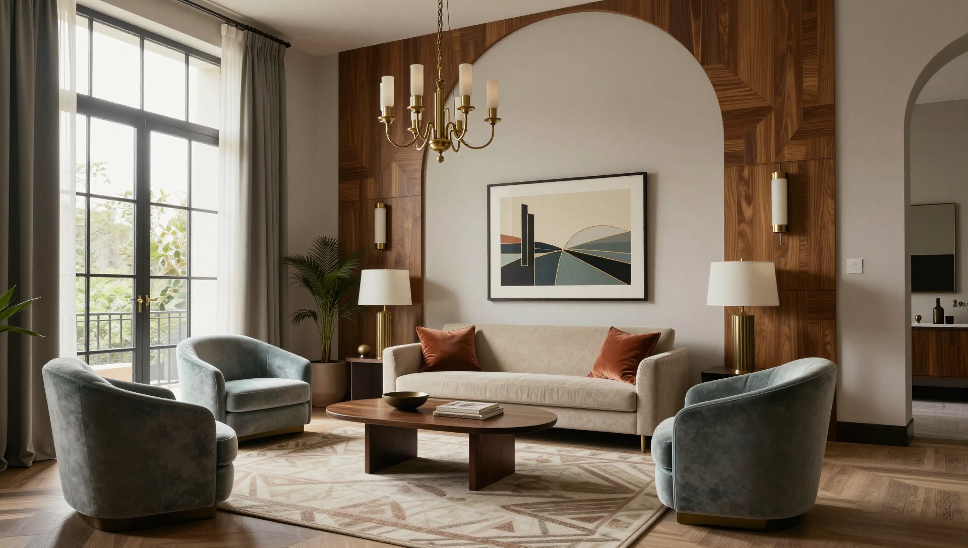 A living room with a sofa, armchairs, and a coffee table, with a large window and a chandelier.