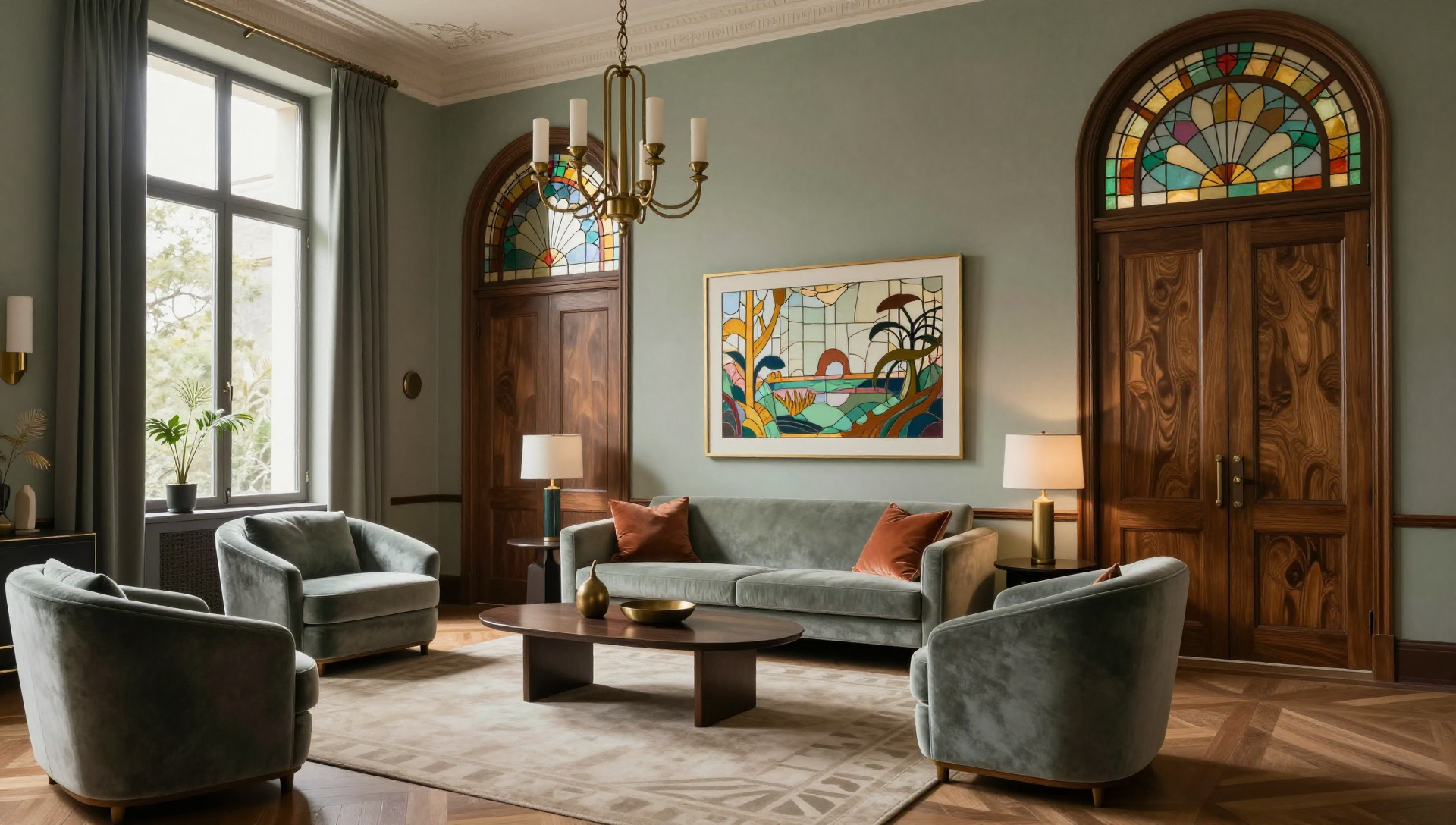 A luxurious living room with a sofa, armchairs, and a coffee table. The room features large windows, a chandelier, and artwork, all in a refined, elegant style.