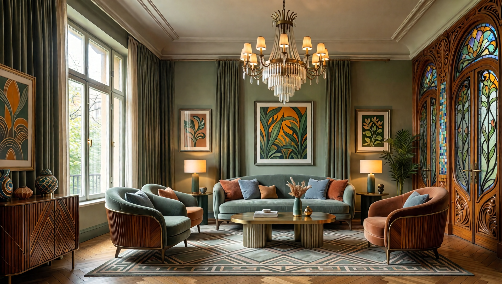 A photorealistic interior of a living room with a sofa, armchairs, and a coffee table. The room is decorated in a Neo Art Deco style with a warm color palette and soft lighting.