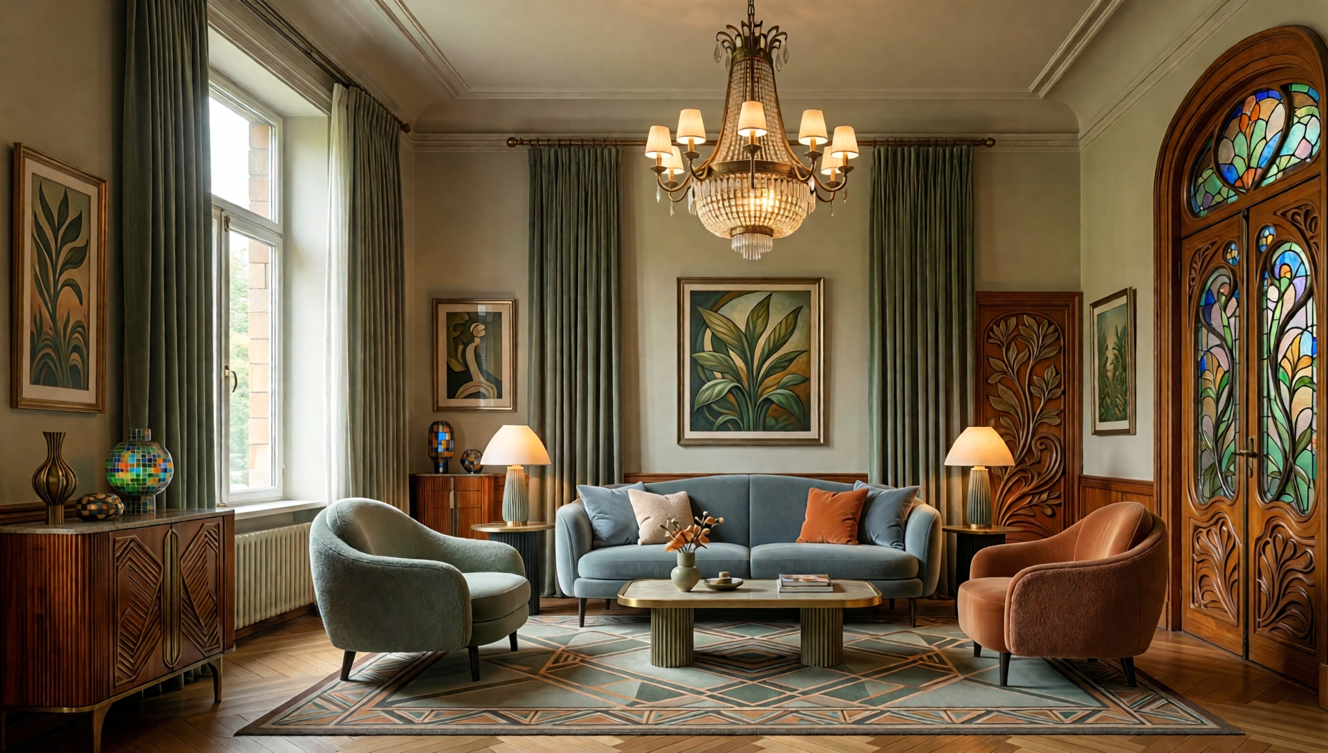 A photorealistic living room with a blue sofa, two armchairs, a coffee table, and a chandelier. The room features large windows, artwork, and decorative objects.