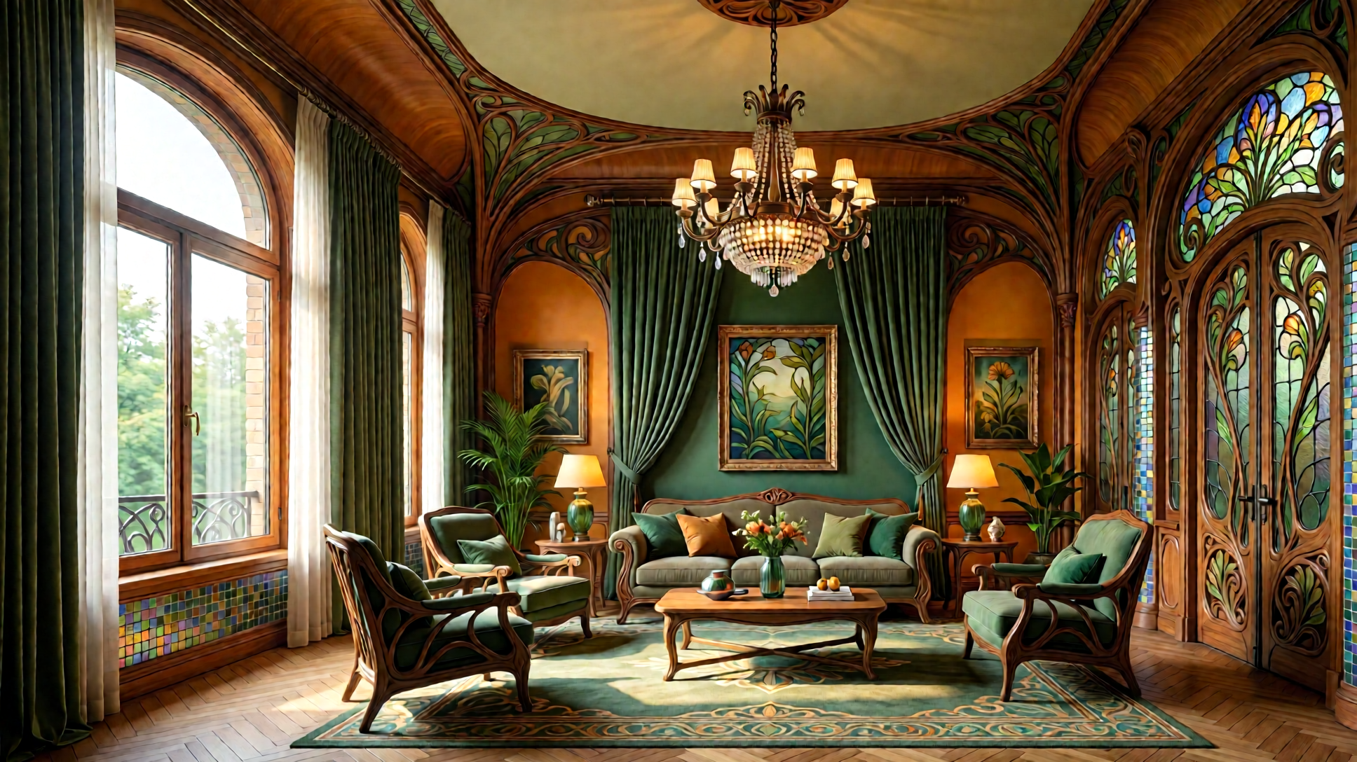 A luxurious Art Nouveau living room with stained glass doors, a chandelier, and elegant furniture.