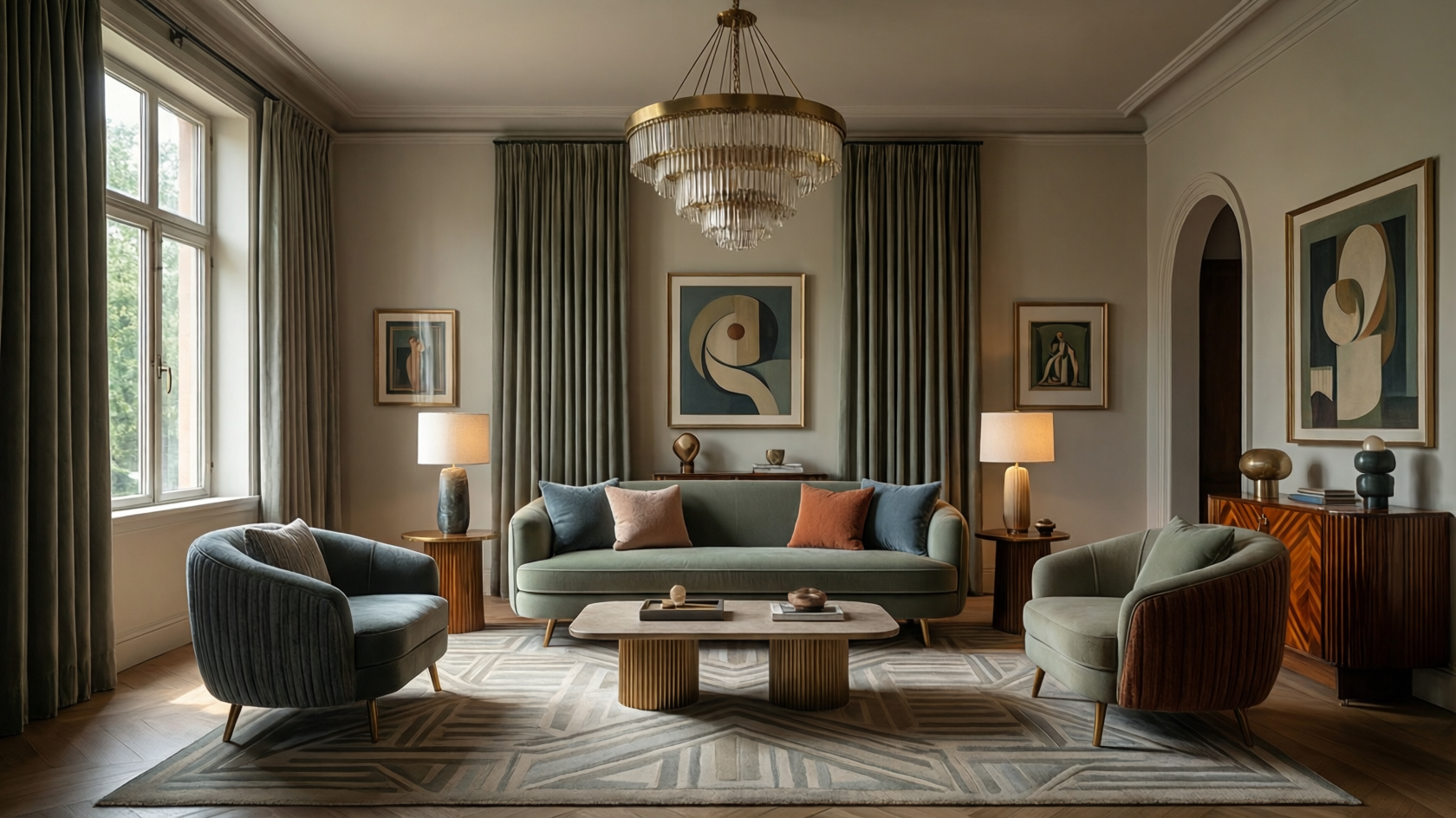 A photorealistic interior of a living room with a sofa, armchairs, and a chandelier. The room is decorated in muted tones with geometric patterns.