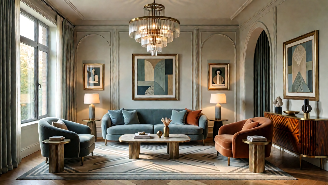 A photorealistic living room with a sofa, armchairs, and a chandelier. The room is decorated in muted tones with geometric patterns and arched forms.