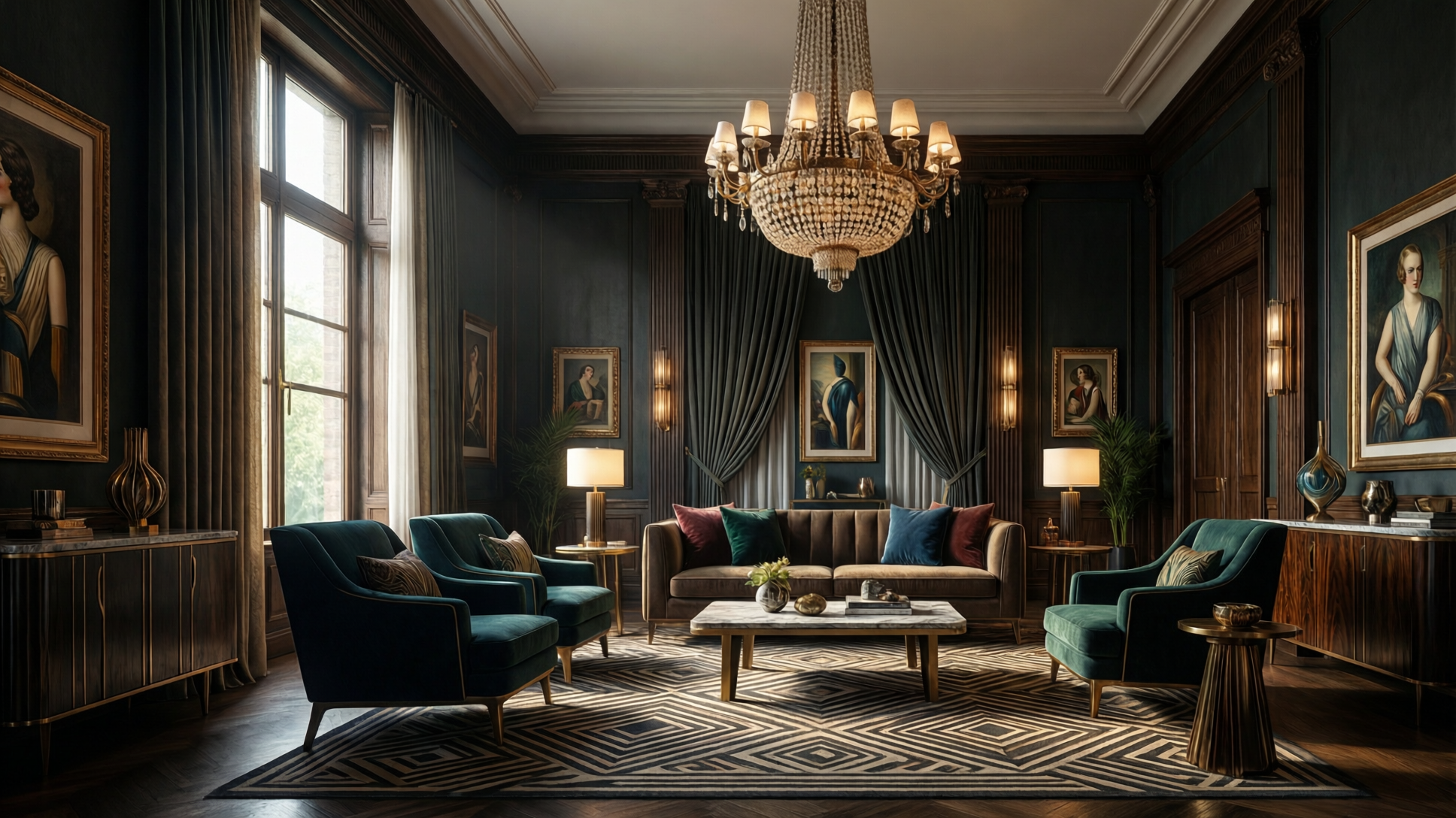 A luxurious living room with dark teal walls, a large window, and elegant furniture. A chandelier hangs from the ceiling, and framed artwork adorns the walls.
