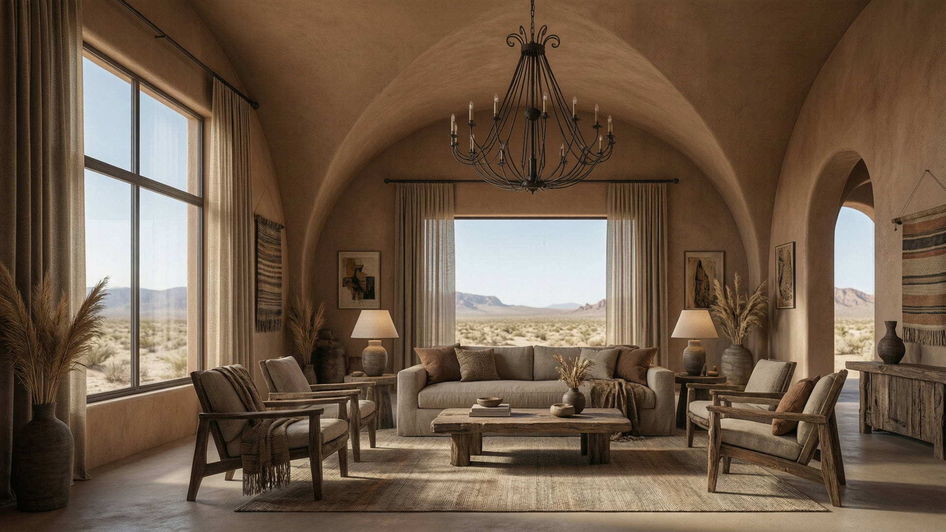 A photorealistic interior of a living room with a desert view. The room features a sofa, armchairs, a coffee table, and a chandelier.