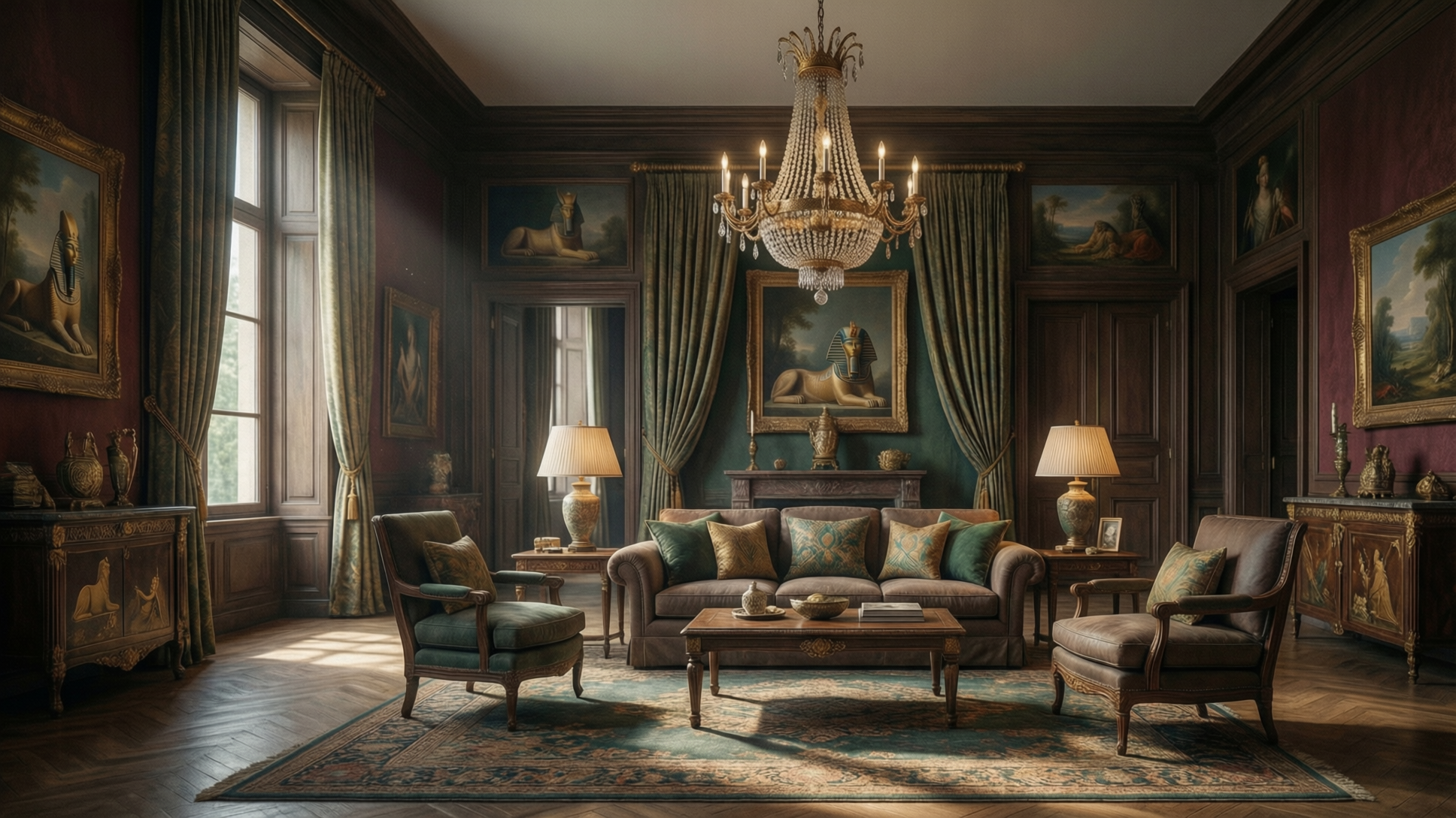 A luxurious living room with dark wood paneling, ornate furniture, and framed artwork. A large chandelier hangs from the ceiling, and natural light streams in from a large window.