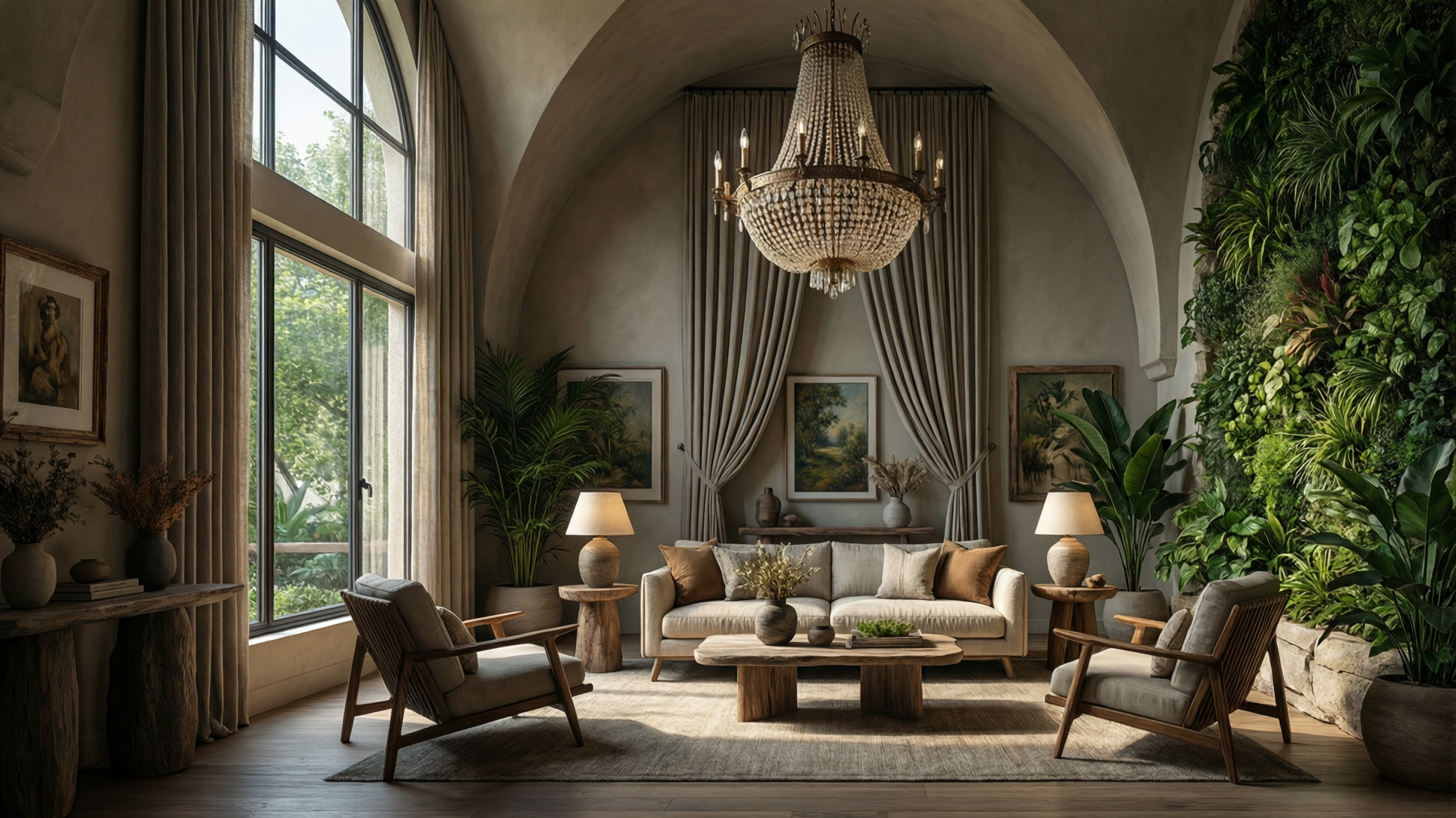 A luxurious living room with high ceilings, featuring a sofa, armchairs, a coffee table, and a large window with curtains. A vertical garden and chandelier add to the elegant ambiance.