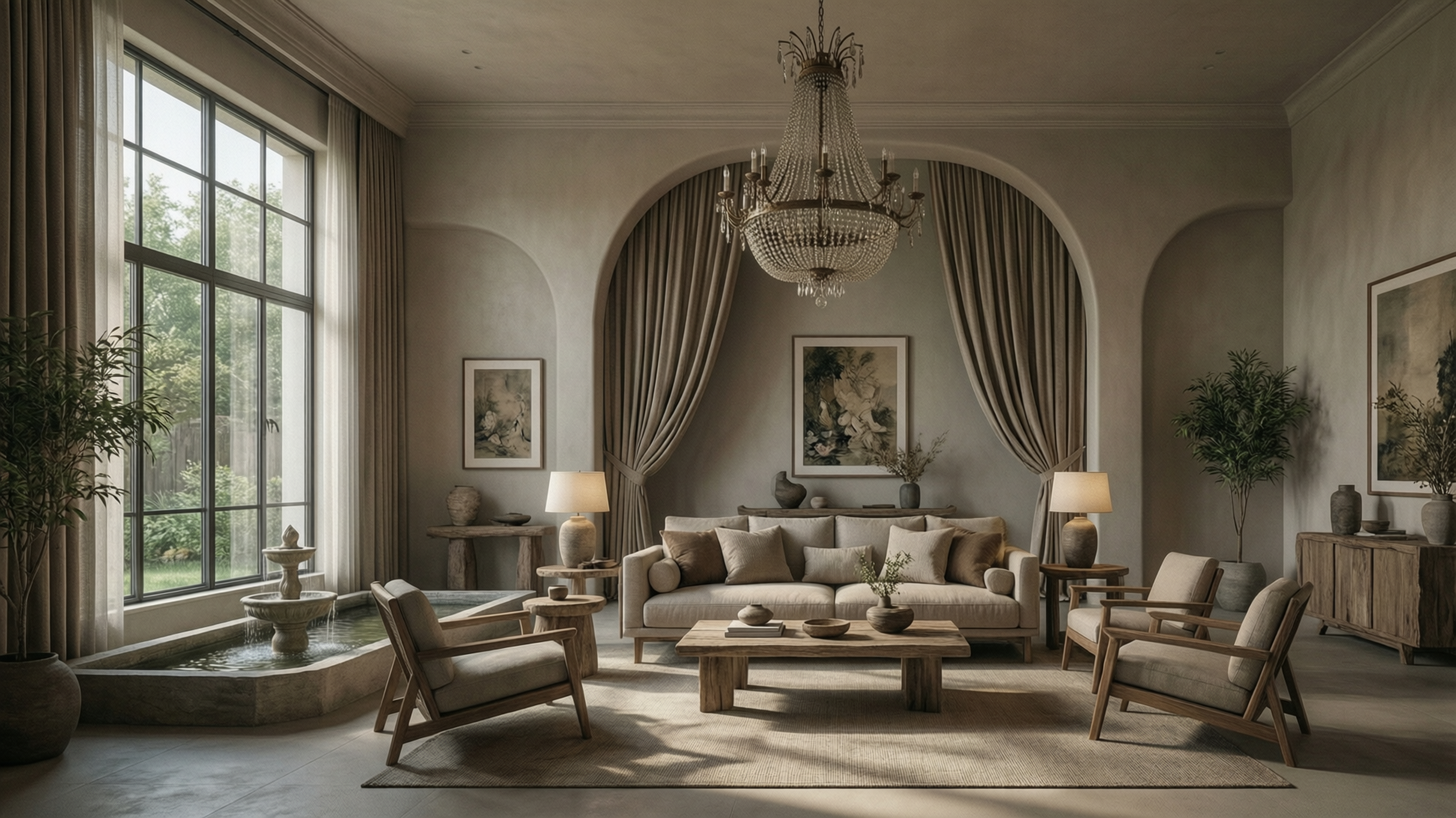 A spacious living room with a large window, sofa, armchairs, and a chandelier.