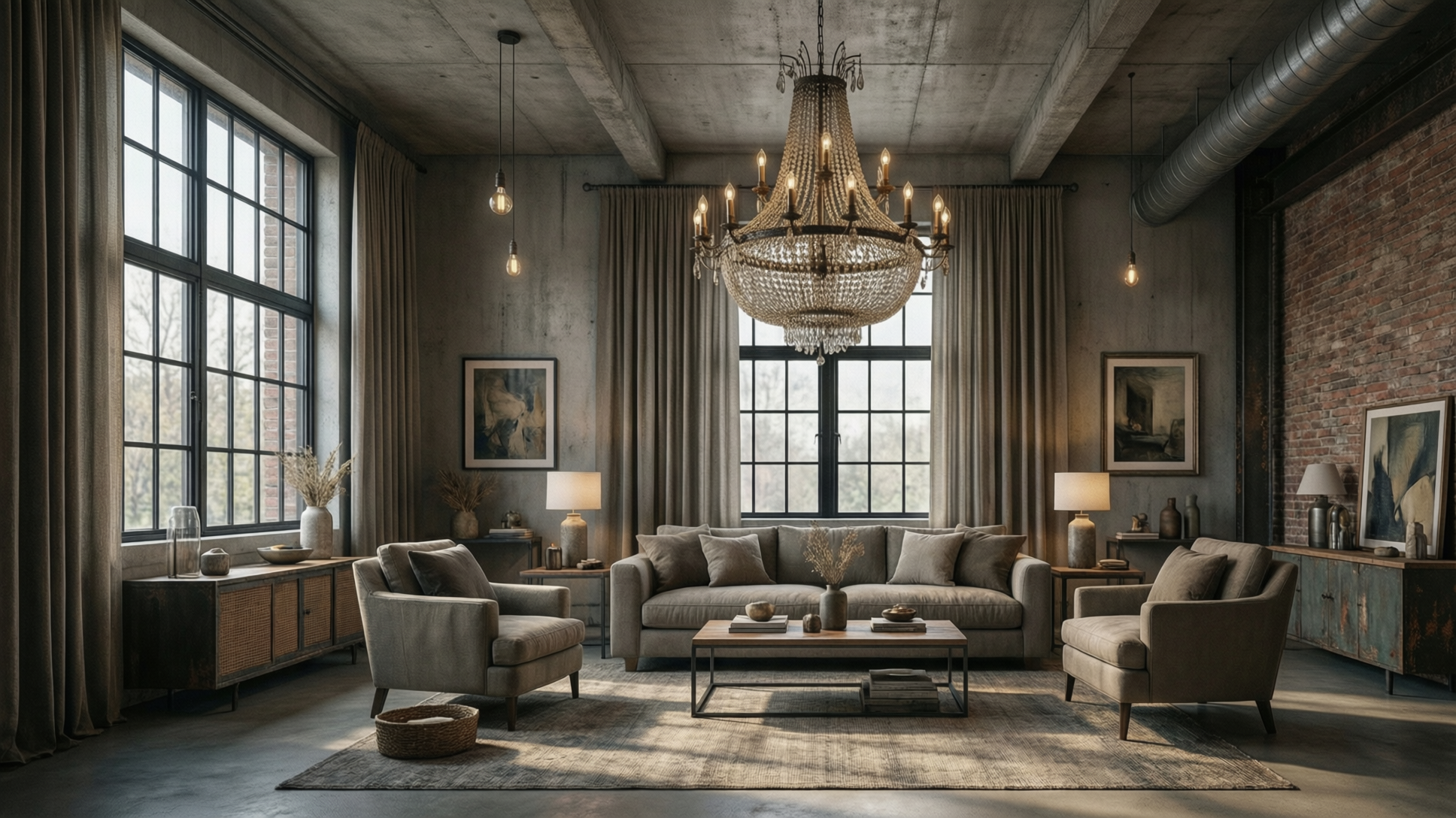 A photorealistic living room with high ceilings, featuring a sofa, armchairs, a coffee table, and a large chandelier. The room has exposed concrete ceilings, brick walls, and large windows.