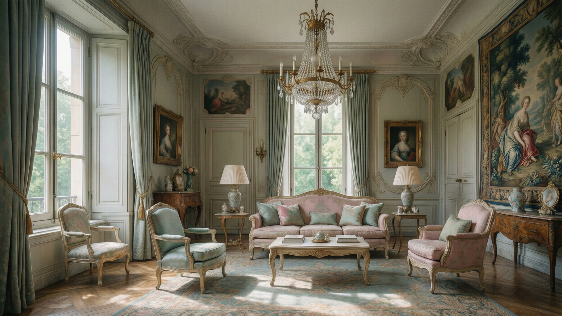 A luxurious living room in the French Louis XV Rococo style, featuring a sofa, armchairs, a chandelier, and framed artwork.