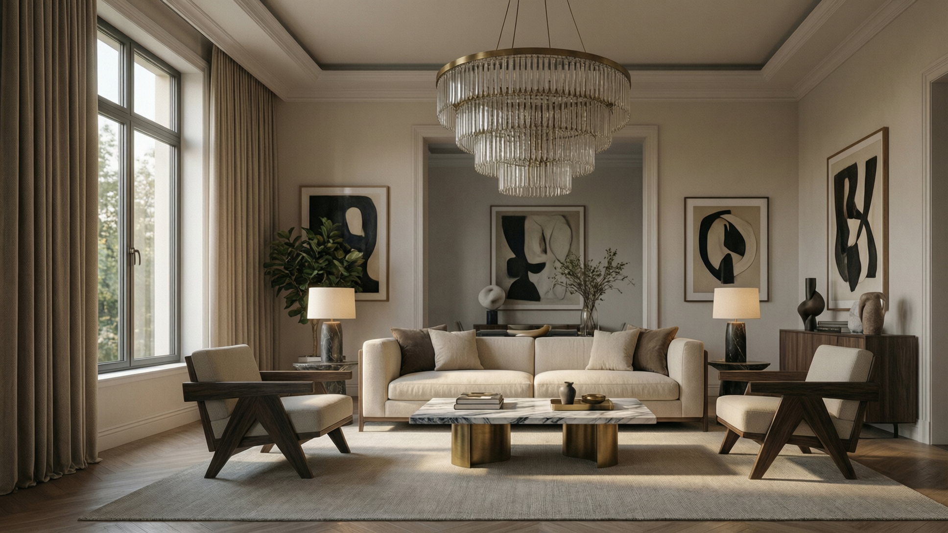 A well-lit living room with a sofa, armchairs, and a chandelier.