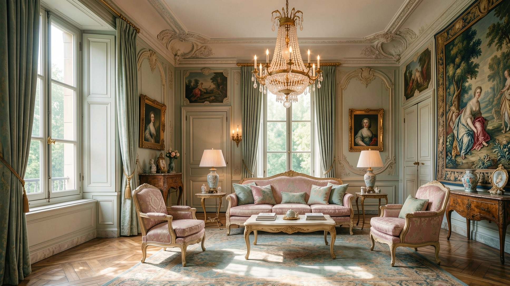 A luxurious living room with ornate details, featuring a sofa, armchairs, a coffee table, and a large window.