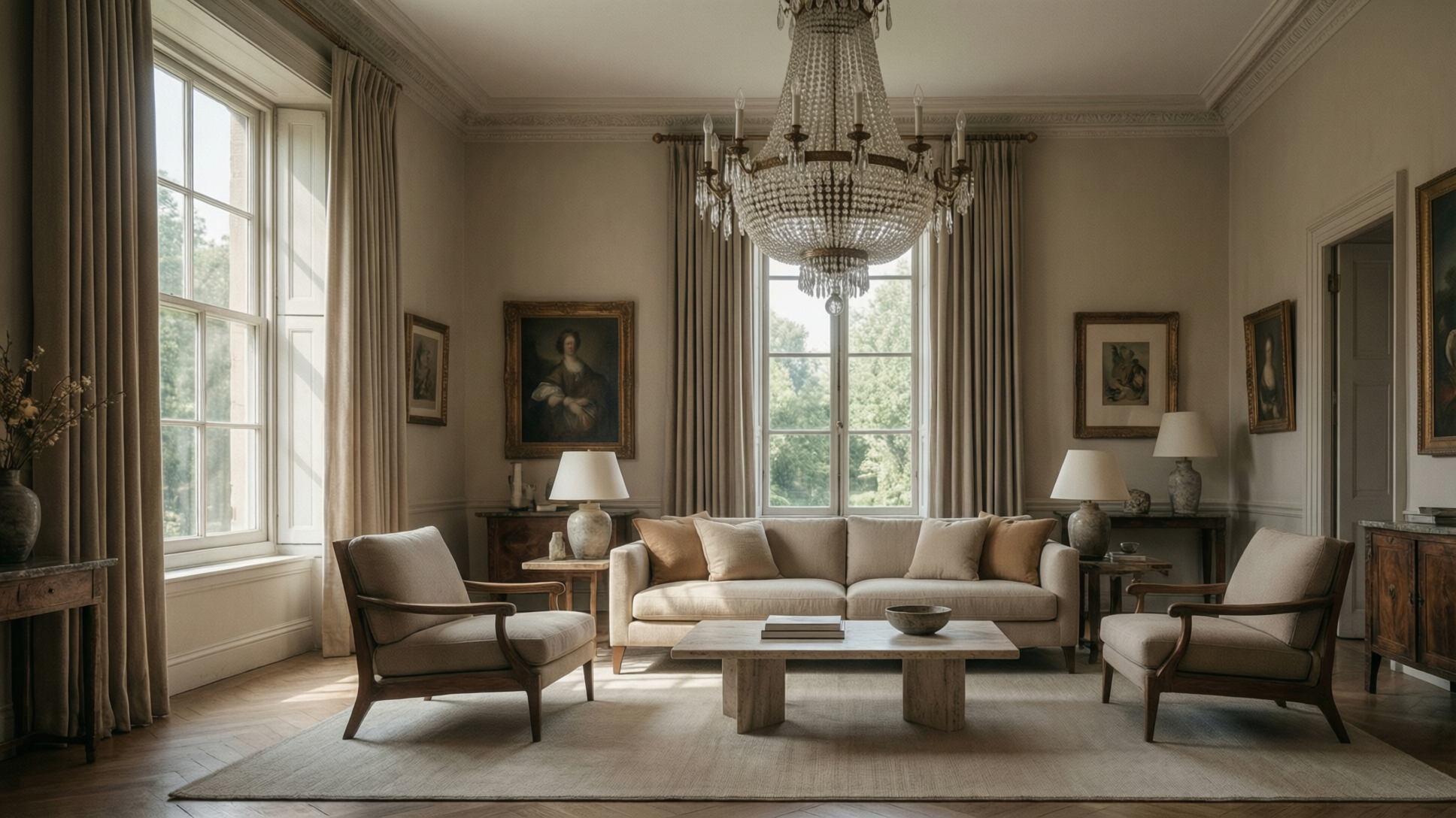A well-lit living room with a sofa, armchairs, and a coffee table, adorned with a chandelier and artwork.