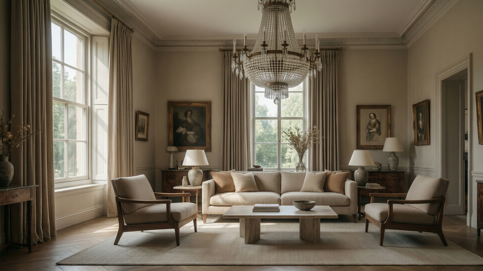 A well-lit living room with a sofa, armchairs, a coffee table, and a chandelier.