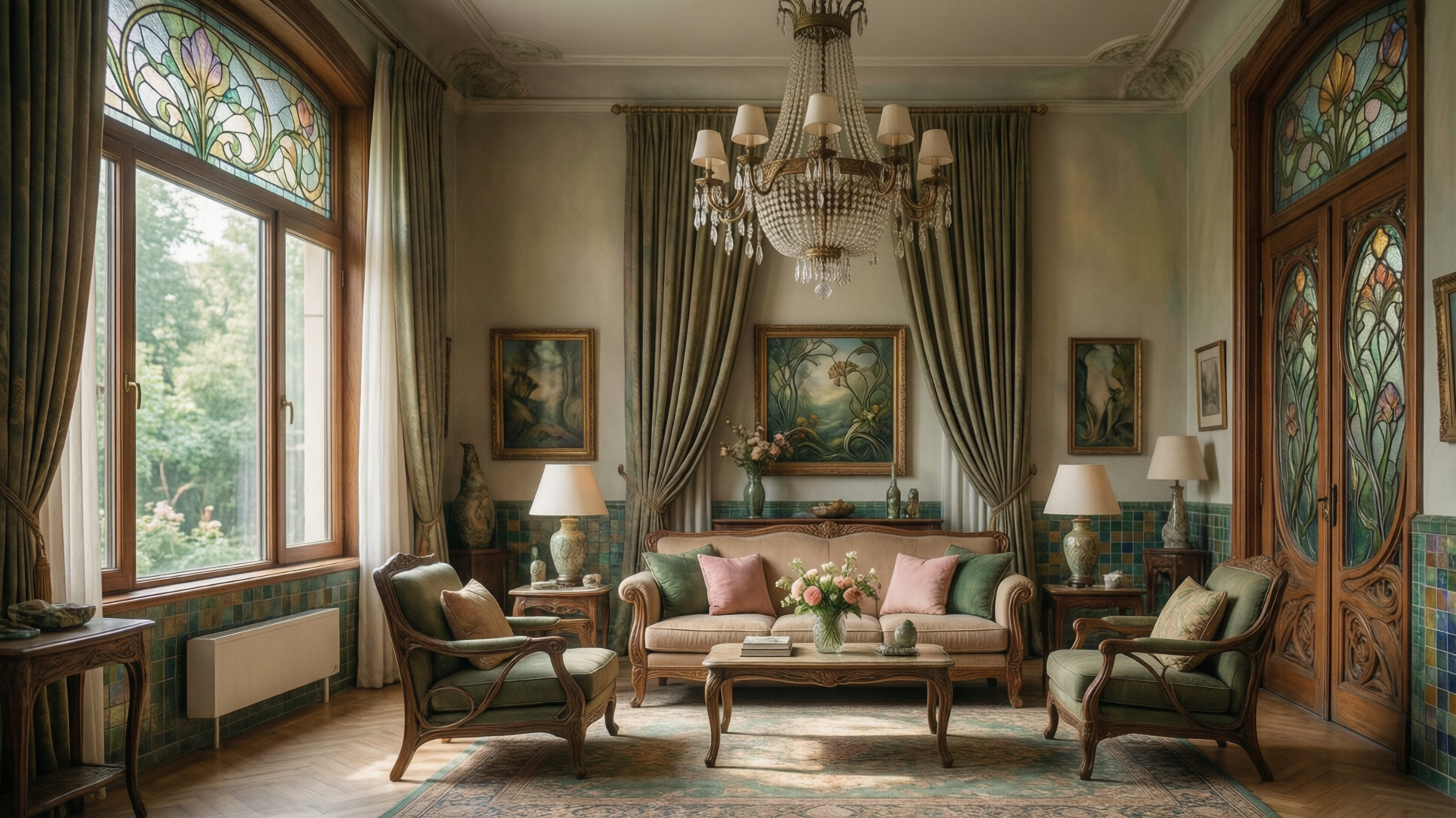 A luxurious living room with a sofa, armchairs, a chandelier, and stained-glass windows.