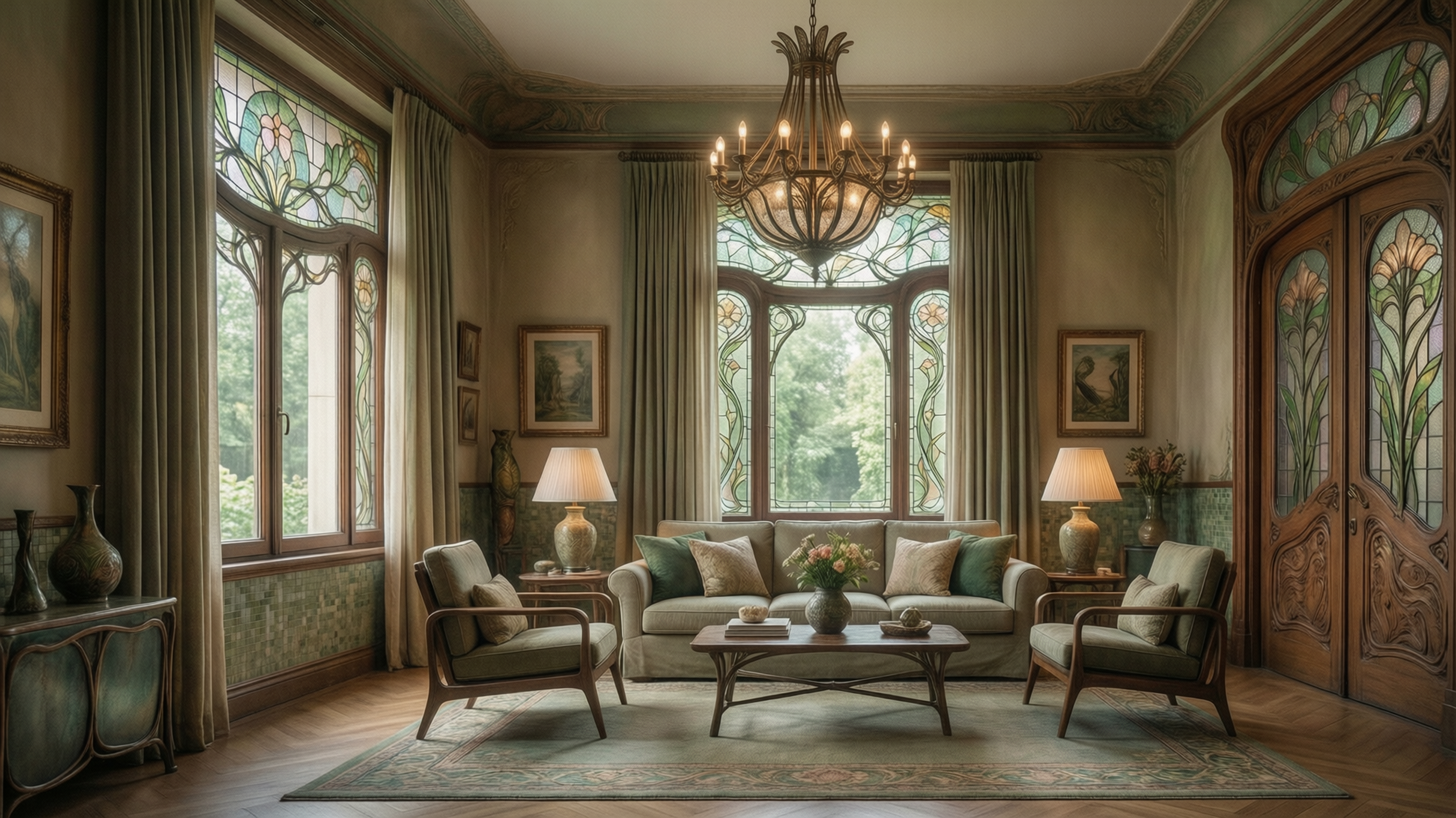 A luxurious living room with large windows, a sofa, armchairs, and a chandelier.