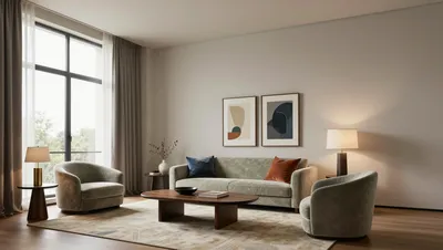 A modern living room with a sofa, armchairs, and a coffee table, bathed in natural light from a large window.