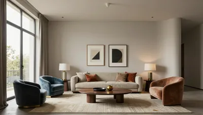 A modern living room with a sofa, armchairs, coffee table, and artwork. Large windows provide natural light.