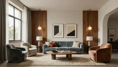 A modern living room with a blue velvet sofa, two armchairs, a wooden coffee table, and framed artwork.