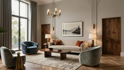 A photorealistic living room with a sofa, armchairs, and a coffee table, with a large window and artwork.