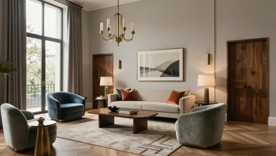 A luxurious living room with a sofa, armchairs, and a coffee table, bathed in natural light.