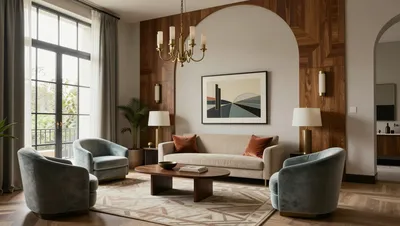 A living room with a sofa, armchairs, and a coffee table, with a large window and a chandelier.