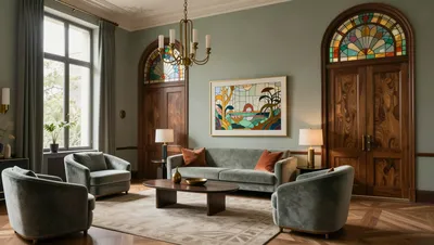 A luxurious living room with a sofa, armchairs, and a coffee table. The room features large windows, a chandelier, and artwork, all in a refined, elegant style.