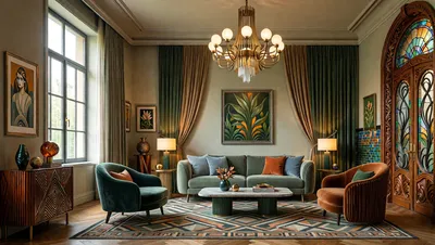 A luxurious living room with a sofa, armchairs, and a coffee table, featuring a large window, chandelier, and artwork.