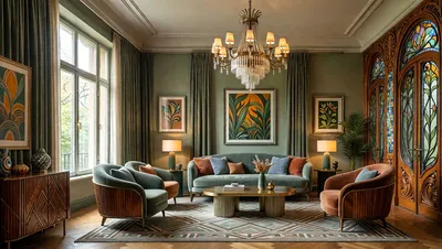 A photorealistic interior of a living room with a sofa, armchairs, and a coffee table. The room is decorated in a Neo Art Deco style with a warm color palette and soft lighting.
