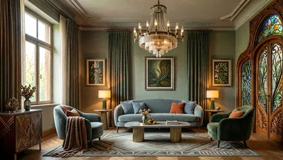 A photorealistic interior of a living room with a sofa, armchairs, and a coffee table. The room is decorated in muted tones with a large window and a stained glass door.