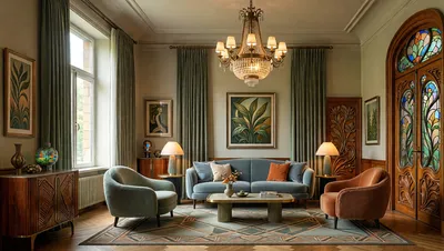 A photorealistic living room with a blue sofa, two armchairs, a coffee table, and a chandelier. The room features large windows, artwork, and decorative objects.