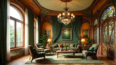 A luxurious Art Nouveau living room with stained glass doors, a chandelier, and elegant furniture.